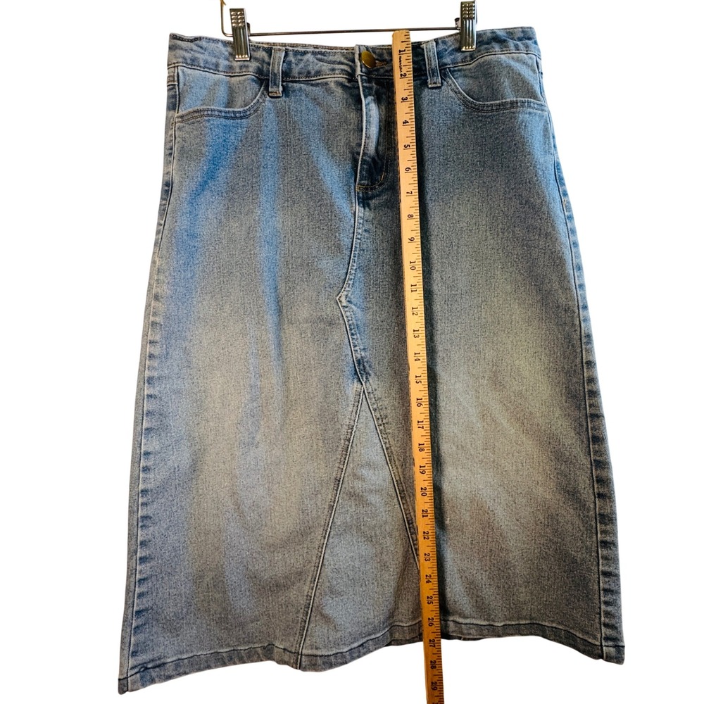Denim Midi Skirt Medium Wash Blue Cotton Stretch Sz 14 Coastal Y2K 90s Western - Picture 7 of 7